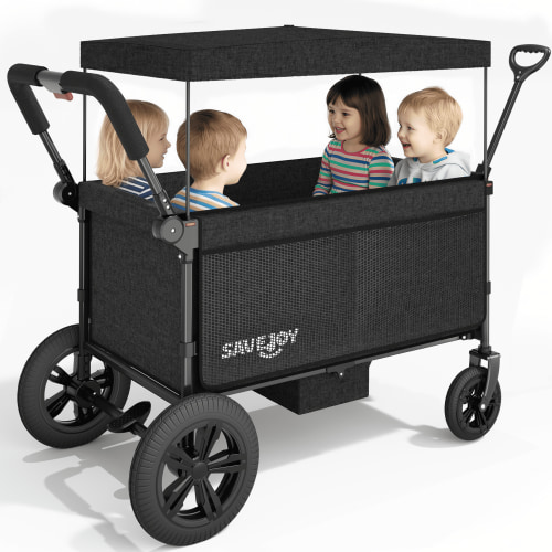 SaveJoy Stroller Wagon 4 Passenger, 4-Seater Wagon Stroller for 4 Kids with Canopy Parent Organizer & 5-Point Harness, Black