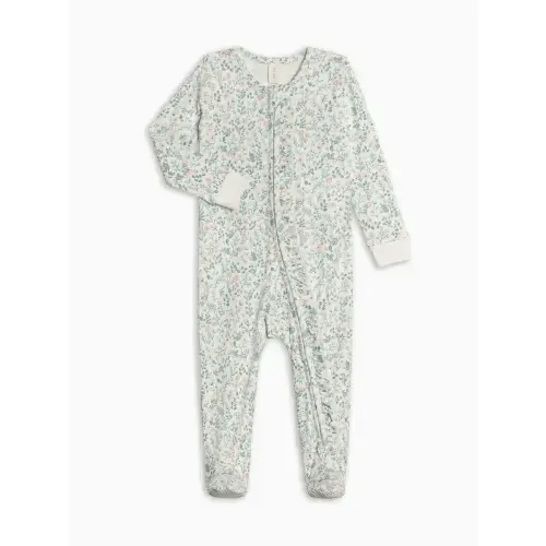 Colored Organics Neve Ruffle Zipper Footed Romper (0-3M) - Merion Floral / Laguna + Shell