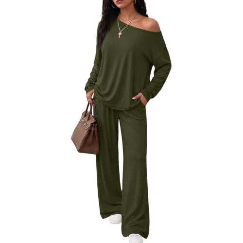 Trendy Queen 2 Piece Lounge Sets for Women 2026 Fall Outfits Sweat Sets | Off The Shoulder Oversized Tshirts & Wide Leg Pants with Pockets, Airport Travel Outfits, Fall Fashion Clothes Matching Sets