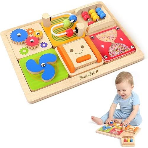 Montessori Busy Board for 1 Year Old: Modular Sensory Activity Board for Babies, Sorting & Stacking Toys for Toddlers 1-3, Learning Fine Motor Wooden Toys, Toddler Plane Activities Gifts Girls Boys