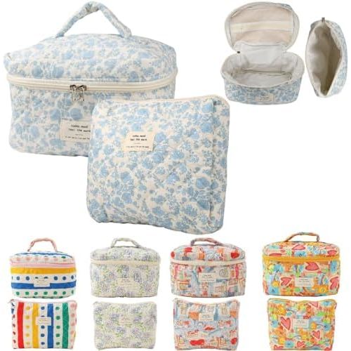 Fcteap Makeup Bag Travel Essentials Quilted Cosmetic Toiletry Pouch Organizer Insert for Women Dorm Room Essential Gift Large Capacity Opening Lightweight Cute Aesthetic Portable 2PCS (Floral)