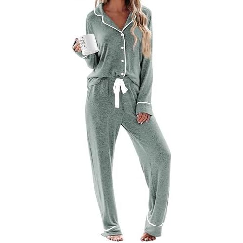 Ekouaer Women's Pajamas Long Sleeve Loungewear Casual Button Down Pjs