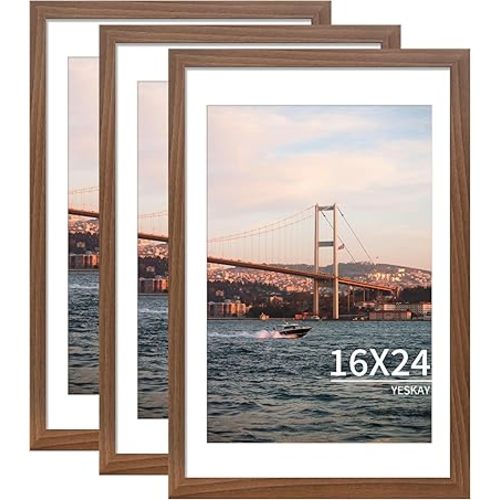 16x24 Picture Frame Brown Set of 3, Display Pictures 12x18 with Mat or 16 x 24 Without Mat, Poster Frames 16x24 Poster Frames for Wall Hanging Horizontal and Vertical