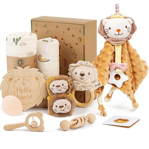 Lion Baby Gift Set for Baby Shower - 10 Piece Newborn Box with Muslin Swaddle Blanket, Lion Security Blanket, Wooden Rattles, Socks, Milestone Card, Brush and Card for Baby Boy or Girl