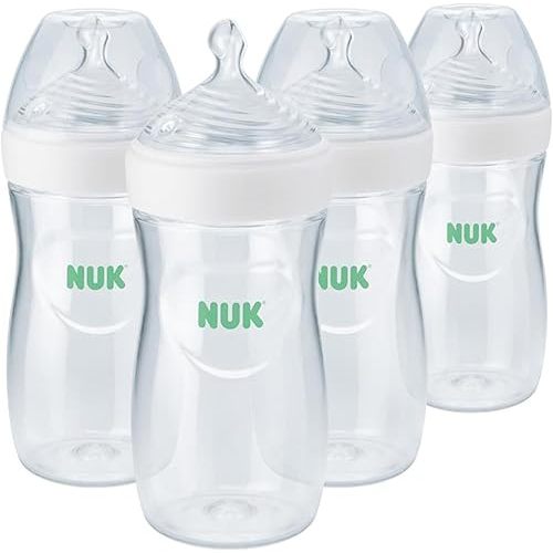 NUK Simply Natural Baby Bottle with SafeTemp, Anti-Colic Vent, and Slow Flow Nipple for Natural Feeding, 9 oz., 4-Pack
