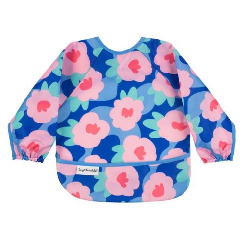 Tiny Twinkle Mess-Proof/Waterproof Long-Sleeve Baby Bib, Machine Washable Smock for Eating (Floral Blue, Small 6-24 Months)