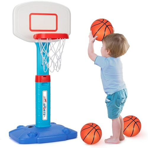 LACCHOUFEE Basketball Hoop Indoor Outdoor Toys for Toddlers 1-3, Kids Basketball Hoop with 3 Balls, Adjustable Mini Basketball Goal, Birthday Sports Toys Gift for Baby Boys Girls Age 1 and Up - Blue | Basketball Hoop for Kids with 5 Adjustable Heights, 3