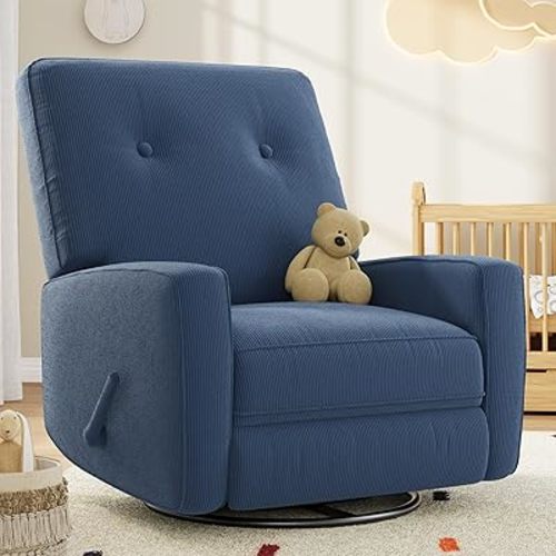 Garvee Nursery Recliner Chair, 360° Swivel Rocking Glider Chair for Adults with Adjustable Backrest & Footrest, Upholstered Armchair for Living Rooms, Bedrooms, Apartments, Blue