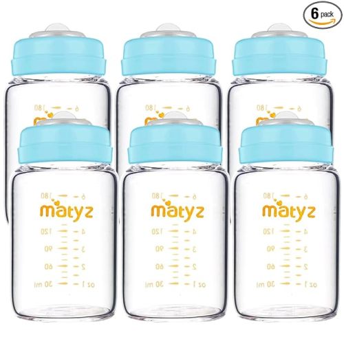 Matyz Glass Breastmilk Storage Bottles, 6 Pack, 6 oz, Compatible with Spectra Medela Breast Pump - Freezer Safe Storage Bottles Set - Wide Mouth Breastmilk Storage Containers - No BPA (Blue Lids)