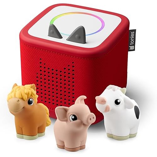 Toniebox 2 My First Farm Bundle for Kids 1+ with Soft and Squeezable Cow, Horse, and Pig - Sunset Red