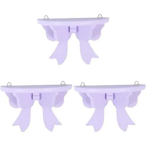 Amosfun Purple Bowknot Wall-Mounted Storage Rack Set of 3 Wooden Floating Shelves for Indoor Organization Jewelry Kitchen and Home Decor