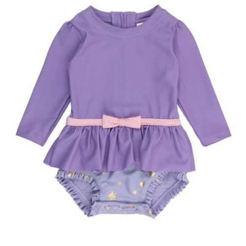 RuffleButts Baby Girls UPF50+ Princess Long Sleeve Bow Skirted One Piece Swimsuit - Amethyst Princess, 0-3m