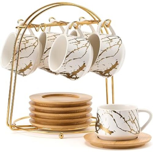 LUKA Ceramic Espresso Cups with Saucers and Metal Stand, Small 4 oz Porcelain Demitasse Cups Set of 6, Cute Cappuccino Coffee Cups for Double Espresso, Tea, Marbling White