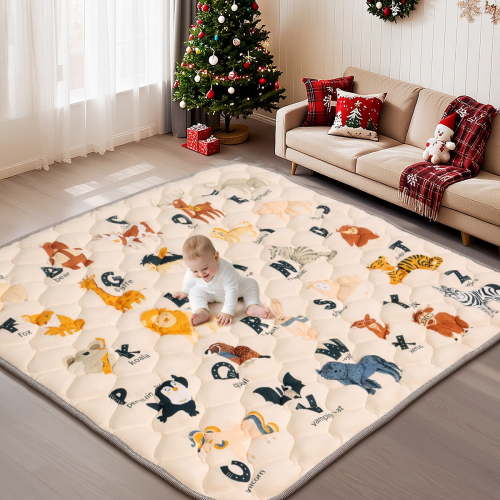 Baby Play Mat, Caveen Thicken Soft Cotton Baby Playmats, Foldable Anti-Slip Floor Crawling Playmat Playpen Mat for Infants and Toddlers, 50"x50", Beige