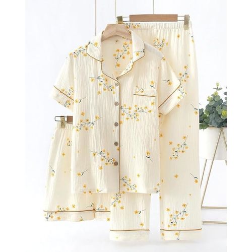 Womens 3pcs Cotton Pajamas Set Short Sleeve Sleepwear Fruit Print Cute Pj Set with Long Pants