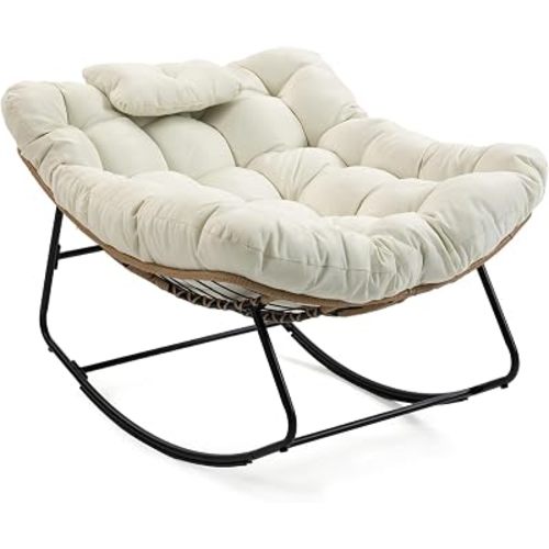 Outdoor Rocking Chair, Oversized Papasan Rocker w/Thick Cushion & Pillow, Indoor Wicker Egg Chairs for Patio Porch Balcony Deck Garden Poolside, Beige