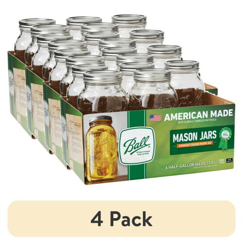 (4 pack) Ball Glass Mason Jar W/Lid & Band, Wide Mouth, 64 Ounces, 6 Count