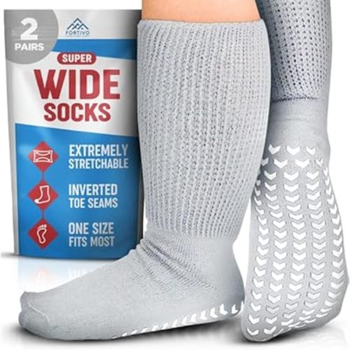 FORTIVO 2 Pairs Extra Wide Socks For Swollen Feet, Non-Slip Hospital and Diabetic Socks for Men and Women