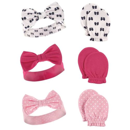 Hudson Baby Infant Girls Cotton Headband and Scratch Mitten 6pc Set, Bows, 0-6 Months