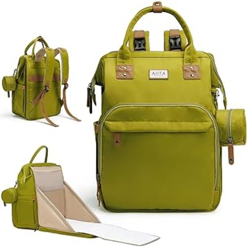 Diaper Bag Backpack, Multifunction Diaper Bag with Changing Station, Stylish Baby Bags, Large Unisex Diaper Backpack for Mom and Dad, Baby Registry Search, Portable Changing Pad – Yellow Green