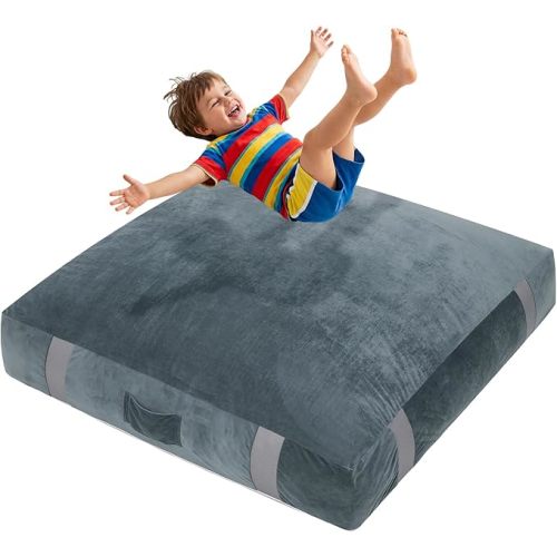 FBSPORT Crash Sensory Pads for Kids,Sensory Crash Mat for Autistic Kids with Extra 4" EPE Crash Sensory Pad for Enhanced Security,Soft Foam Blocks Washable Velvet Cover,Jump,Play,Therapy-4×4 Ft(Gray)