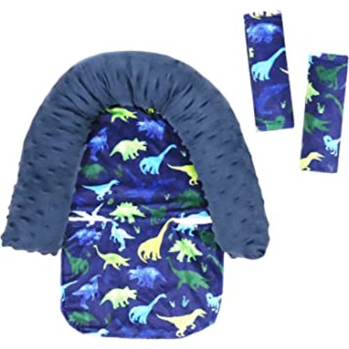 Baby Carseat Headrest and Strap Covers, Dinosaur Minky Infant Strollers Head Support & Seat Belt Cover, Toddler Strollers Headrest and Neck Cover, Car Accessories for Newborn Boys Girls