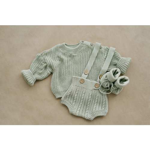 Newborn Coming Home Outfit | Baby Knit Sweater, Suspender Bloomers and Booties 0-3 months size. Gender Neutral Gift Idea