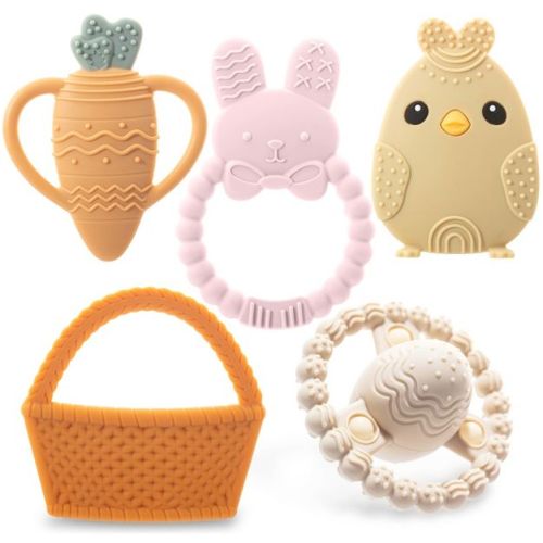 Easter Baby Teether Set, Easter Bunny, Carrot, Chicken, Rattle Egg & Easter Basket Teething Toys Perfect Easter Teethers Toys Cute Gift Set for Babies