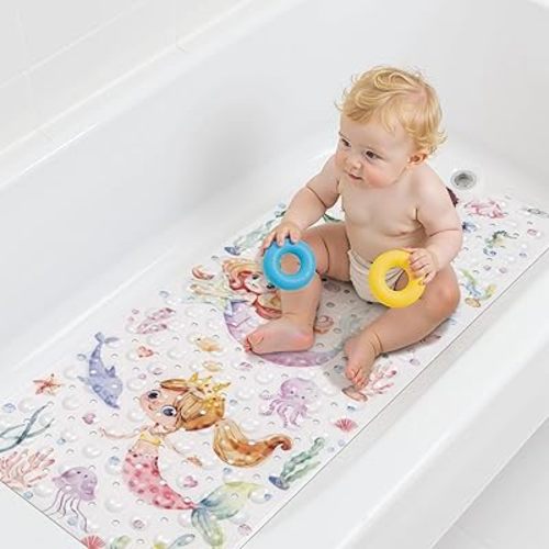 Topotdor Baby Bath Mat, Cartoon Bath Mat for Tub Non Slip Kids, 40x16 Inch Extra Long Toddler Bathtub Mat with Drain Holes & Suction Cups, Machine Washable Anti-Slip Shower Mat, Mermaid