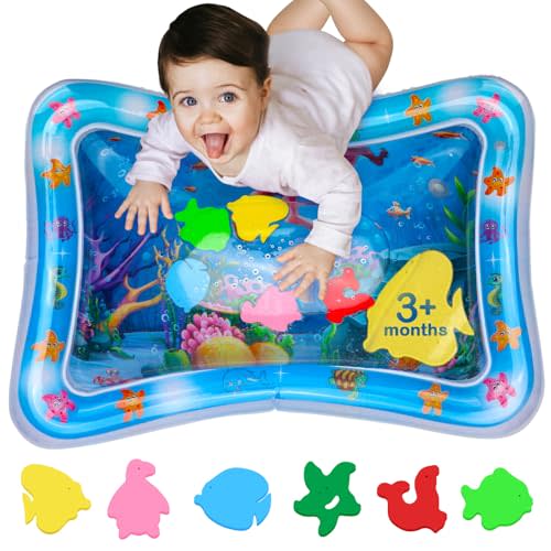 Tummy Time Water Mat, Inflatable Sensory Play Pad for Babies, BPA Free | Floating Sea Creature Designs - Inflatable Water Play Pad for Babies - Ages 3-12 Months - Blue