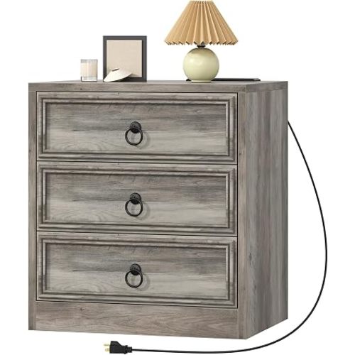VVFLU Farmhouse Nightstand with Charging Station, 21.7" Wide End Table with 3 Drawers, Grey Wood Side Table, Bedside Table for Bedroom, Living Room, Sofa