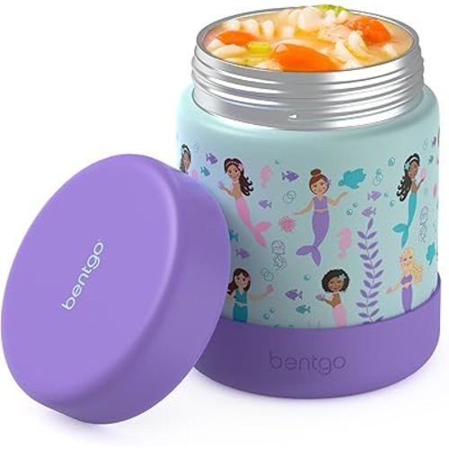 Bentgo Kids Stainless Steel Food Jar - 11 fl oz Leak-Proof Double Insulated Hot or Cold Food Container with Removable Silicone Bumper, Dishwasher Safe, Easy Open Lid, Ages 3+ (Mermaids in the Sea)