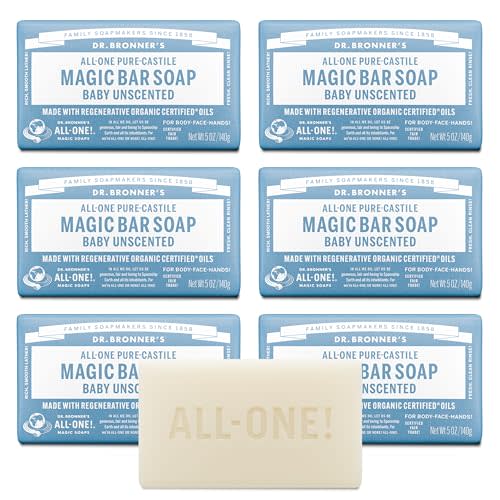 Dr. Bronner's Pure-Castile Magic Bar Soap (Baby Unscented, 5 oz, 6-Pack) - Made with Regenerative Organic Certified Oils, For Face, Body & Hair, Gentle for Sensitive Skin - Vegan, Non-GMO