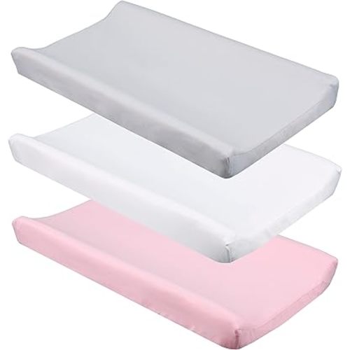 CaSaJa Diaper Changing Pad Cover for Baby Girls Set of 3, Snug Fit 4-Sided Contoured Changing Table Pad 16x31 16x32, Fitted Change Pad Sheet Gray White Pink, 100% Silky Soft Breathable Microfiber