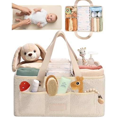 Toodly Baby Diaper Caddy Organizer with Portable Changing Mat - Teddy Fleece Diaper Organizer for Changing Table - Basket for Changing Essentials - Baby Essentials Organizer with Removable Dividers