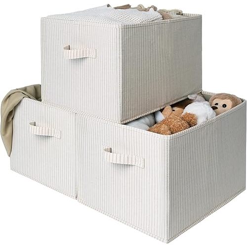 StorageWorks Shelf Organizer Bins, Beige Stripes, Extra Large, 3-Pack