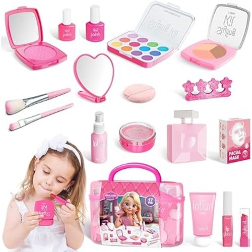 Kids Fake Makeup Kit Play Set with Storage Box, Toddler Pretend Makeup Toys for Girls, Birthday Gifts for 3 4 5 6 7 8 9 10 11 12 Years Old Kid (No Contain Real Cosmetics)