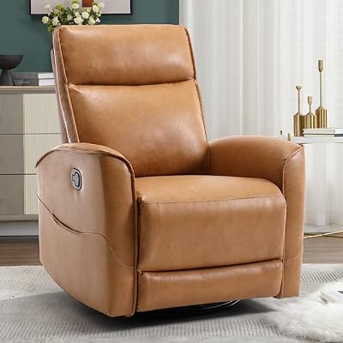 Swivel Rocker Recliner Chair, Manual Faux Leather Glider Rocking Recliners for Adults, 360° Swivel Nursery Reclining Sofa with Storage Pocket