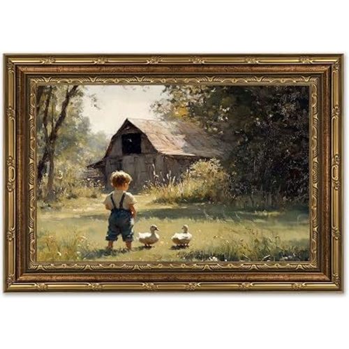 Tertiosh Gold Frame Vintage Country Canvas Wall Art Boy Duckling Barn Wall Decor Picture Rural Farm Painting Print Artwork for Retro Farmhouse Home Children's Room Decoration 9x11in