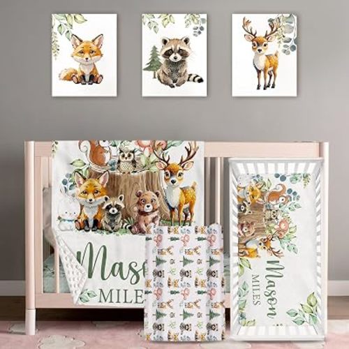 Personalized Baby Crib Bedding Set: 4 Piece Custom Gift Crib Bed Set with Name - Animal Stump Design, Nursery Bedding Set for Baby Girls,Newborn Boys Girls Crib Sets, Crib Bedding Shower Gifts