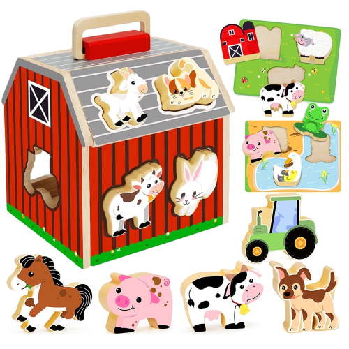 Suorfoxs Montessori Wooden Farm Animals Toys for 1-3 Year Old Kids Learning Educational Baby Gifts