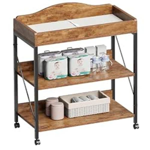 Baby Changing Table, Diaper Changing Station with Pad and Wheels, Two-Tier Open Storage Shelves, Waterproof Diaper pad & Safety Strap,Compact Baby Furniture for Nursery, Rustic Brown