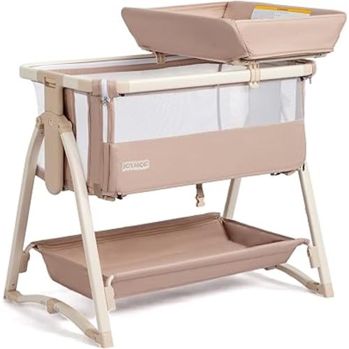 JOYMOR Baby Bassinet, 5 in 1 Bassinet Bedside Sleeper with Changing Table for Baby, 7 Height Adjustable, Rocking Bed with Wheels Mattress, Mosquito Net, Storage Basket for Newborn