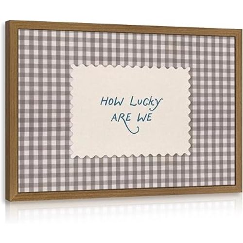 Cyebmo How Lucky Are We Wall Art, Inspirational Quote Poster Print, Neutral Farmhouse Gingham Wall Decor, Meaningful Love Quote Aesthetic Picture for Bedroom Living Room Wood Framed 12x16 Inch