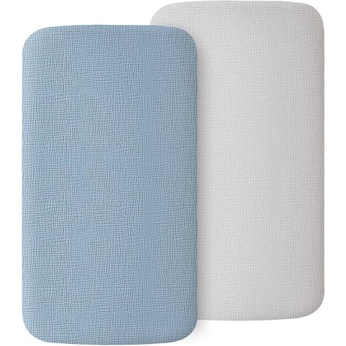 2 Pack Muslin Fitted Bassinet Sheets for Babies, Soft & Breathable 100% Cotton Bedside Sleeper Bassinet Sheet, Moses Basket Oval Rectangle Pad/Mattress