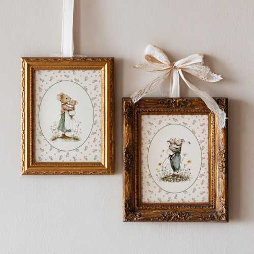 Cottagecore Nursery Mouse Art Forest Animal Decor Baby Room Print Set Of 2 Wall Art Kids Room Woodland Wildflower Nursery Vintage Wall Set