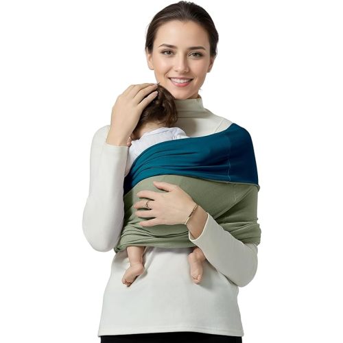 Baby Wrap Carrier, Lightweight Baby Wearing Wraps for Newborn and Infant, Soft Swaddle Holder Carrier, Cozy Baby Sling 7-35 lbs Blue+Green