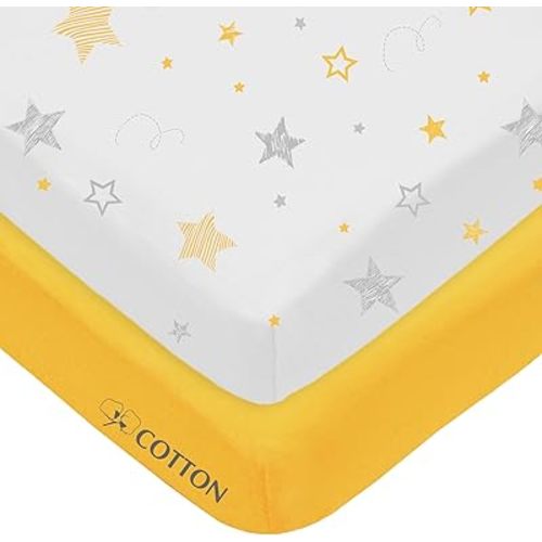 American Baby Company 2 Pack 100% Natural Cotton Fitted Crib Sheets 52" x 28" - Soft, Breathable, Hypoallergenic & Gentle Toddler Bed Sheets, Golden Yellow Star/Yellow, Neutral for Boys & Girls