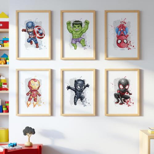Superhero Wall Art Prints Set of 6 | Captain America Hulk Spider-Man Iron Man Black Panther Miles Morales | Kids Room Decor Posters
