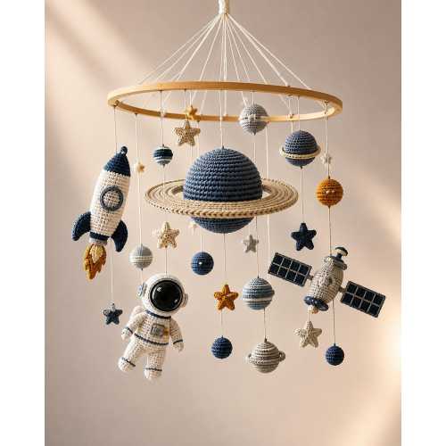 Crochet Space Baby Mobile, Astronaut Nursery Mobile, Rocket Planet Crib Mobile, Handmade Outer Space Baby Shower Gift